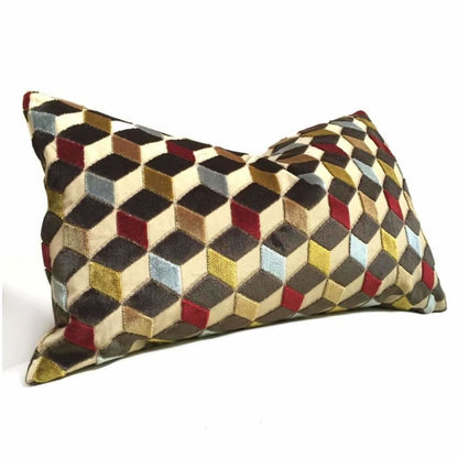 Metropol Geometric Cut Velvet Cubes Brown Red Blue Beige Pillow Cover - Aloriam