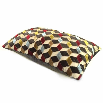 Metropol Geometric Cut Velvet Cubes Brown Red Blue Beige Pillow Cover - Aloriam