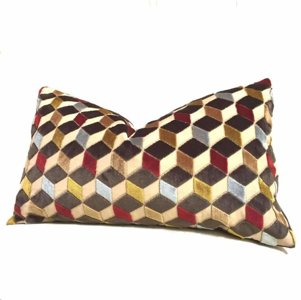 Metropol Geometric Cut Velvet Cubes Brown Red Blue Beige Pillow Cover - Aloriam