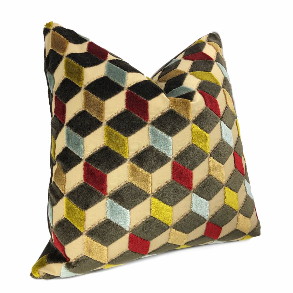 Metropol Geometric Cut Velvet Cubes Brown Red Blue Beige Pillow Cover - Aloriam