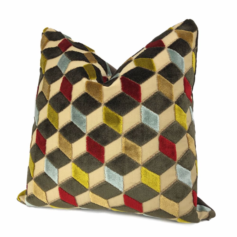 Metropol Geometric Cut Velvet Cubes Brown Red Blue Beige Pillow Cover - Aloriam