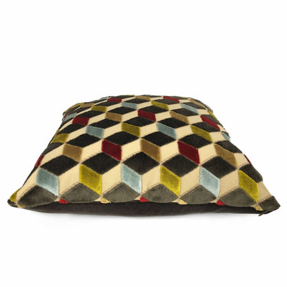 Metropol Geometric Cut Velvet Cubes Brown Red Blue Beige Pillow Cover - Aloriam