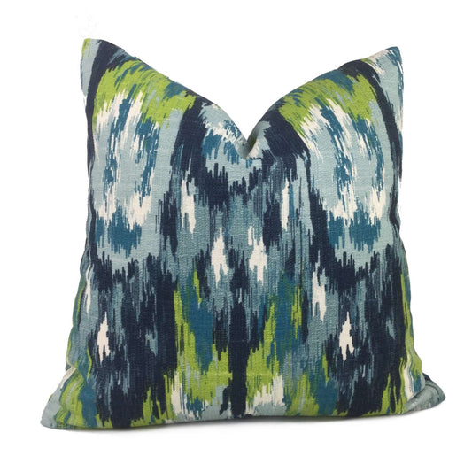 Monteverde Blue Green Abstract Ikat Cotton Print Pillow Cover Cushion Pillow Case Euro Sham 16x16 18x18 20x20 22x22 24x24 26x26 28x28 Lumbar Pillow 12x18 12x20 12x24 14x20 16x26 by Aloriam