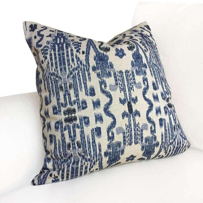 Lacefield Mumbai Blue Beige Ikat Cotton Print Pillow Cover by Aloriam