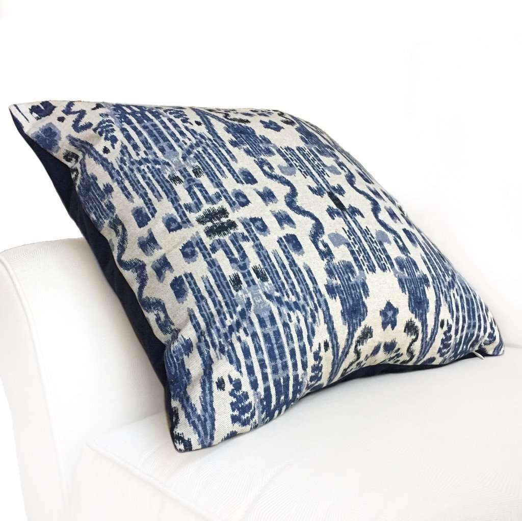 Lacefield Mumbai Blue Beige Ikat Cotton Print Pillow Cover