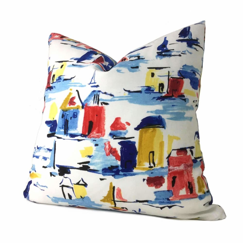 Greek Islands Blue Red Yellow White Cotton Print Cushion Cover