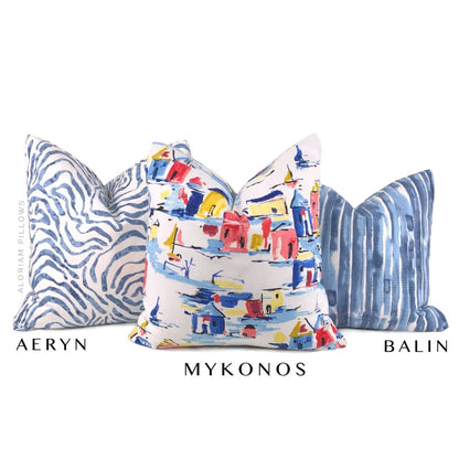 Mykonos Greek Islands Blue Red Yellow White Cotton Print Pillow Cover - Aloriam