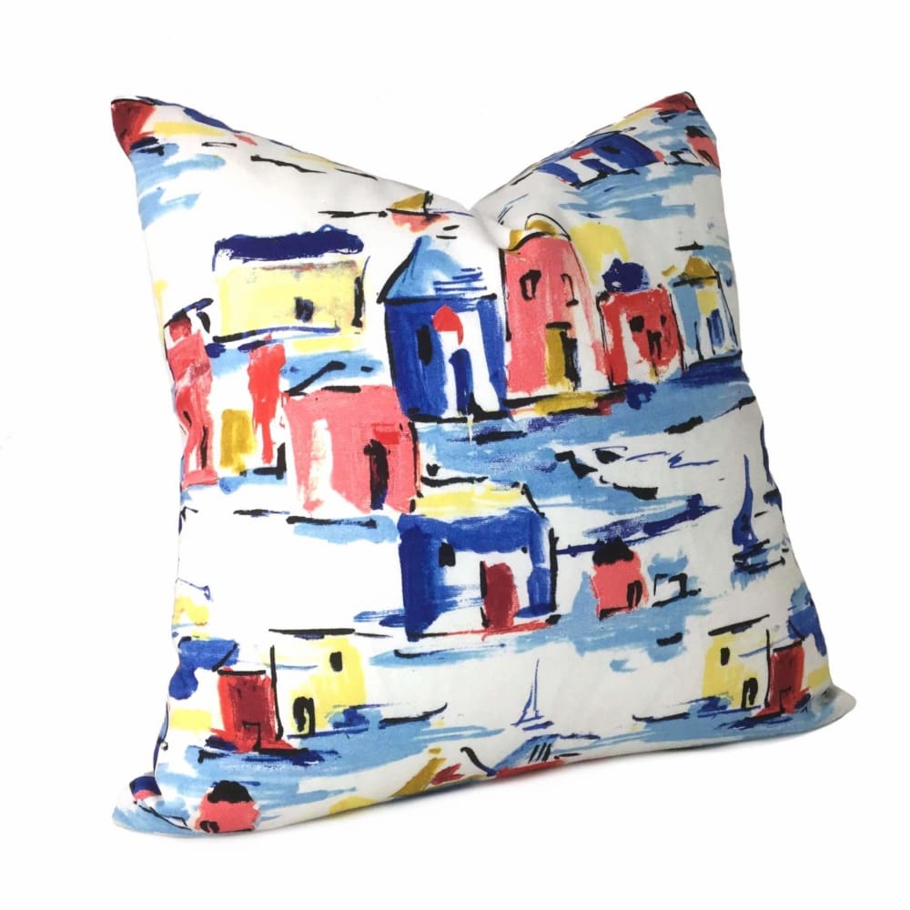 Greek Islands Blue Red Yellow White Cotton Print 18x18 Pillow Cover