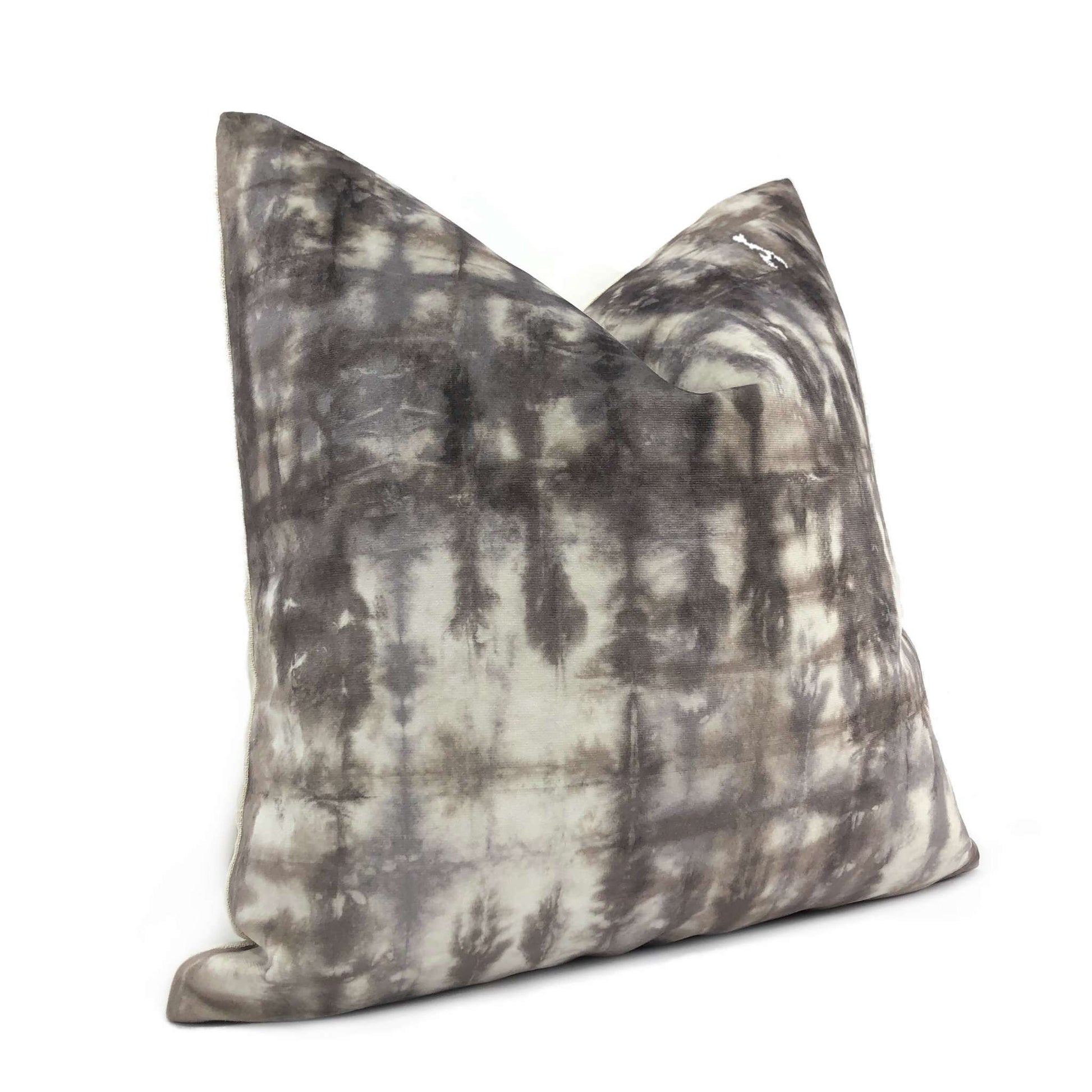 Nari Taupe Gray Cream Tie Dyed Velvet Throw Pillow 16x16 18x18 20x20 22x22