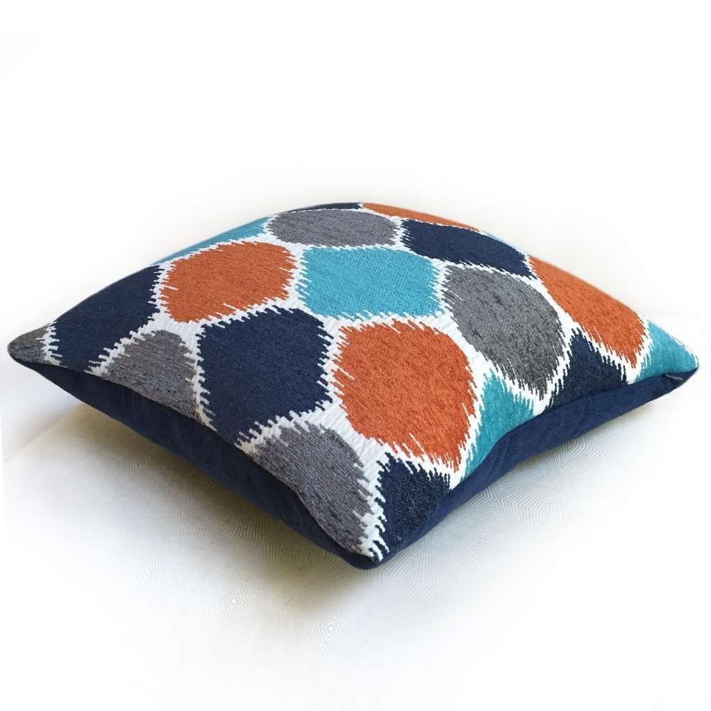 Navy Blue Gray Turquoise Orange Geometric Chenille Pillow Cushion Zipper Cover