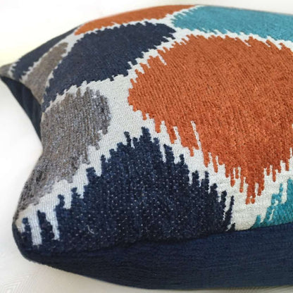 Navy Blue Gray Turquoise Orange Geometric Chenille Pillow Cushion Zipper Cover