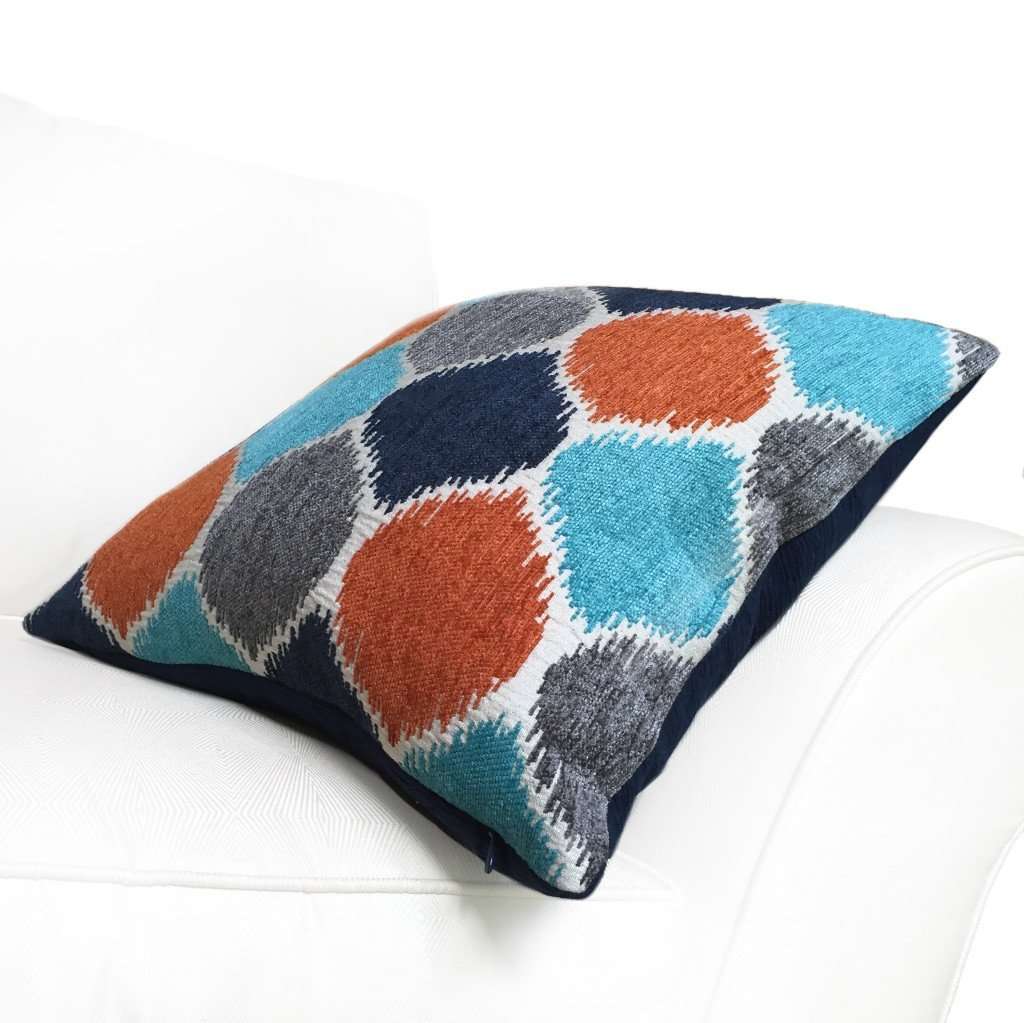 Navy Blue Gray Turquoise Orange Geometric Chenille Pillow Cushion Zipper Cover