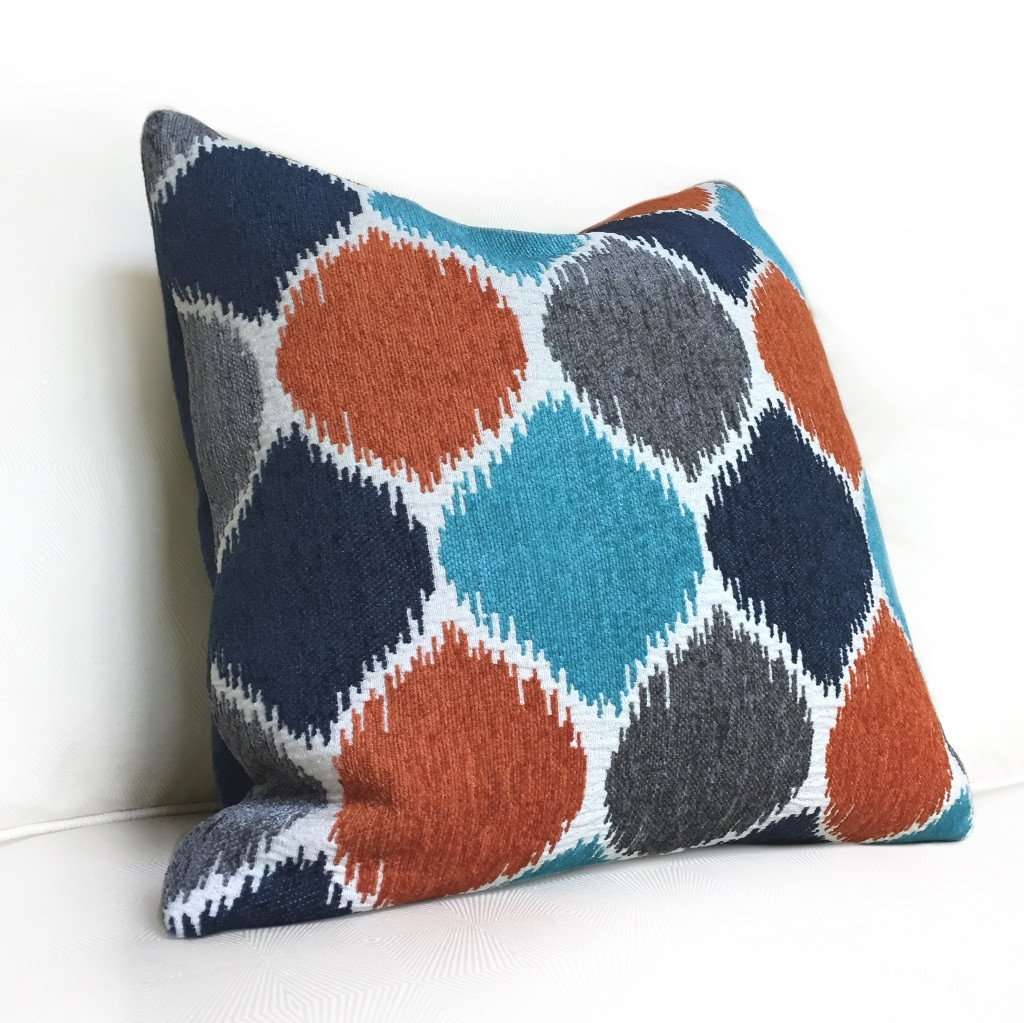 Navy Blue Gray Turquoise Orange Geometric Chenille Pillow Cushion Zipper Cover