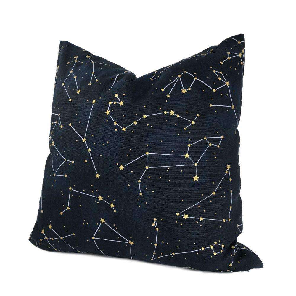 Night Sky Stars And Constellations Navy Blue Gold Cotton Print Pillow Cover