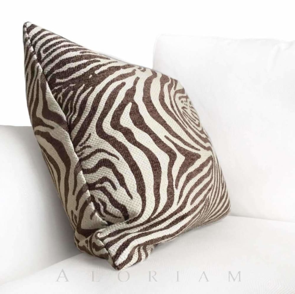 Brown Beige Small Zebra Animal Stripe Chenille Upholstery Pillow Cushion Cover