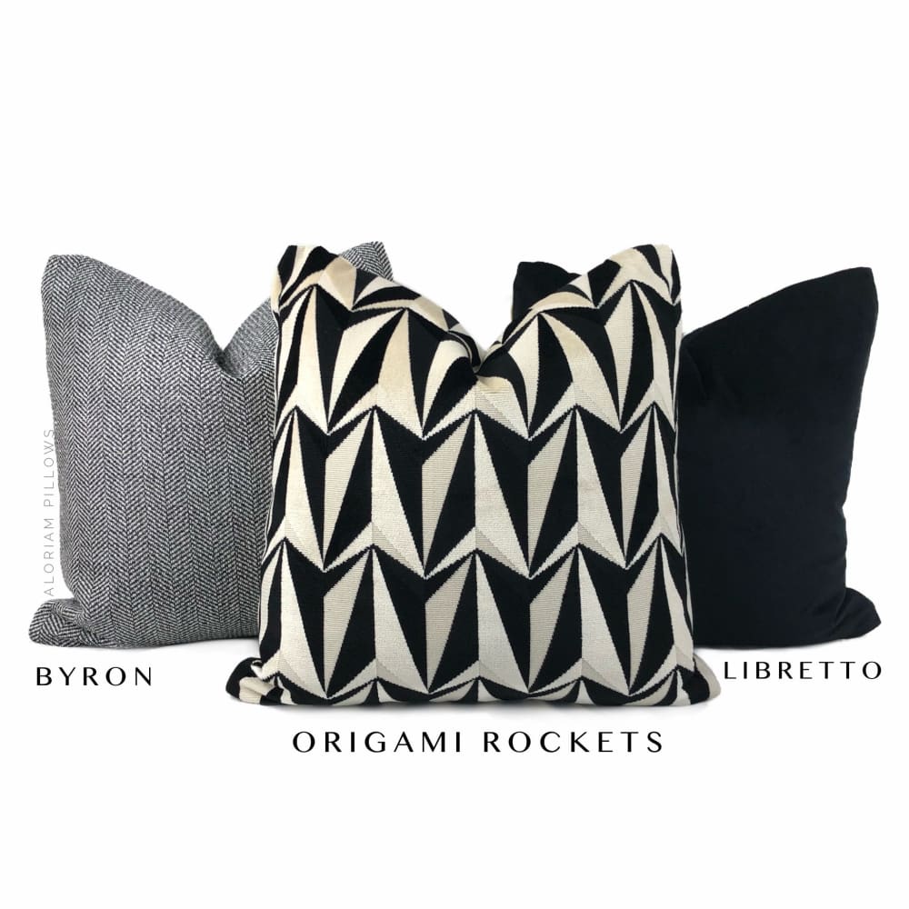 Origami Rockets Black Cream Geometric Velvet Pillow Cover - Aloriam