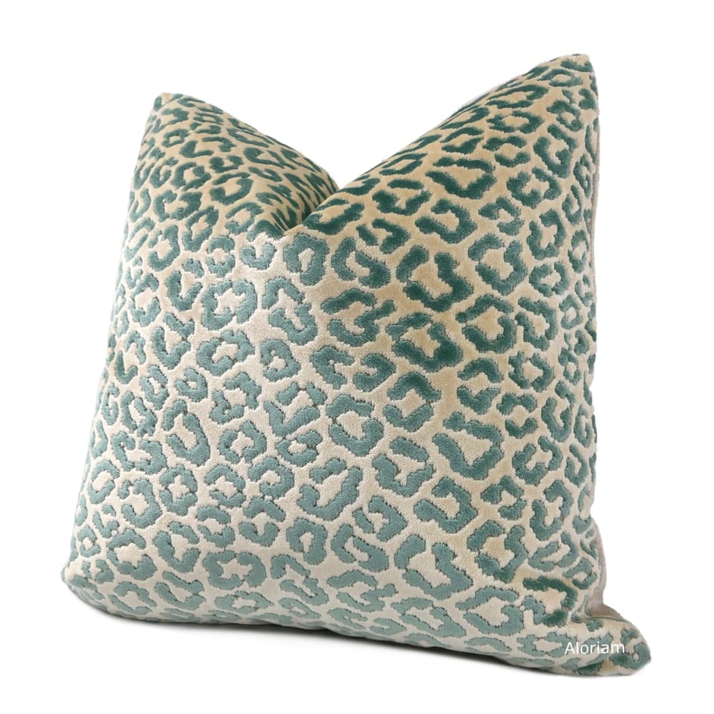 Panthere Aqua Green Ivory Leopard Spot Italian Cut Velvet Pillow Cover (Brunschwig & Fils fabric) - Aloriam