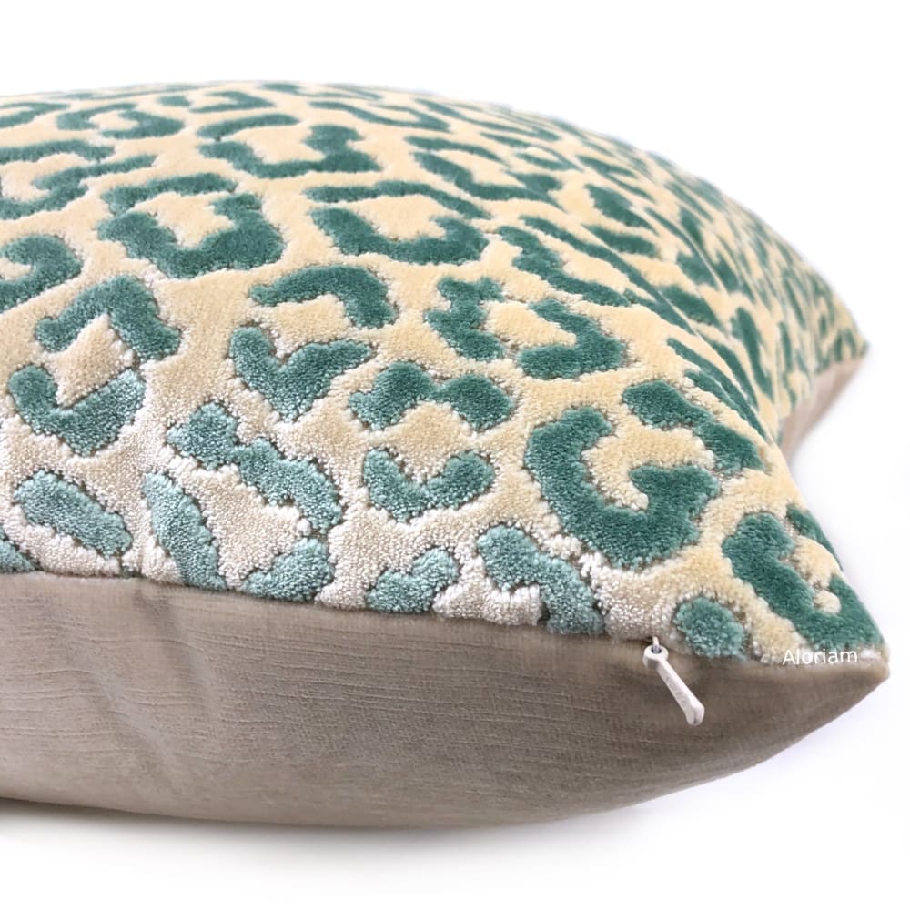 Panthere Aqua Green Ivory Leopard Spot Italian Cut Velvet Pillow Cover (Brunschwig & Fils fabric) - Aloriam