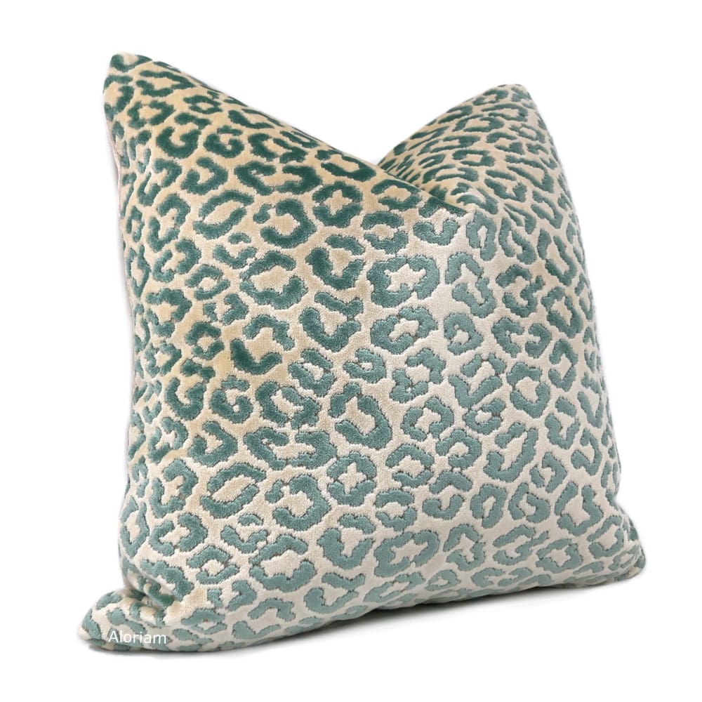 Panthere Aqua Green Ivory Leopard Spot Italian Cut Velvet Pillow Cover (Brunschwig & Fils fabric) - Aloriam