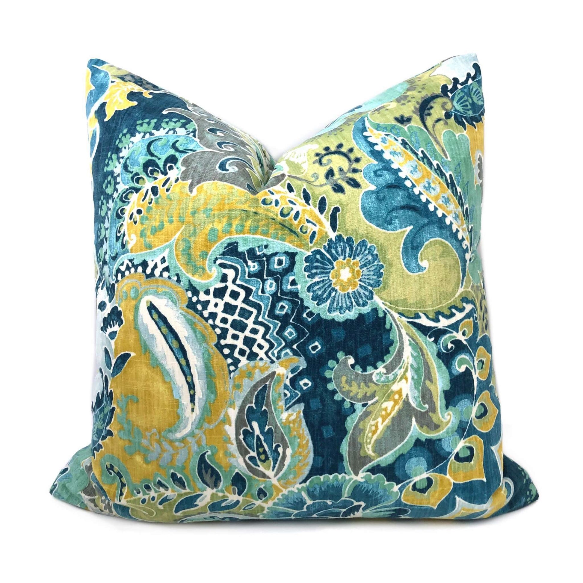 Persephone Teal Green Yellow Floral Pillow Cover Cushion Pillow Case Euro Sham 16x16 18x18 20x20 22x22 24x24 26x26 28x28 Lumbar Pillow 12x18 12x20 12x24 14x20 16x26 by Aloriam