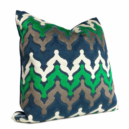 Preston Blue Green Brown Cut Velvet Small Ogee Waves Pillow Cover - Aloriam