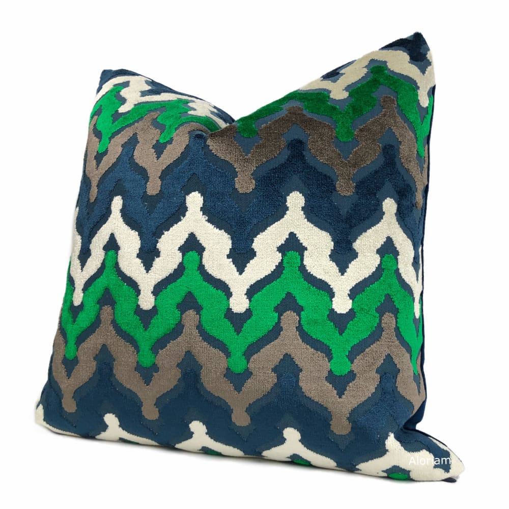 Preston Blue Green Brown Cut Velvet Small Ogee Waves Pillow Cover - Aloriam