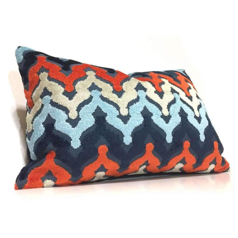 Designer Blue Orange Cream Cut Velvet Small Ogee Waves Pillow Cover Cushion Pillow Case Euro Sham 16x16 18x18 20x20 22x22 24x24 26x26 28x28 Lumbar Pillow 12x18 12x20 12x24 14x20 16x26 by Aloriam