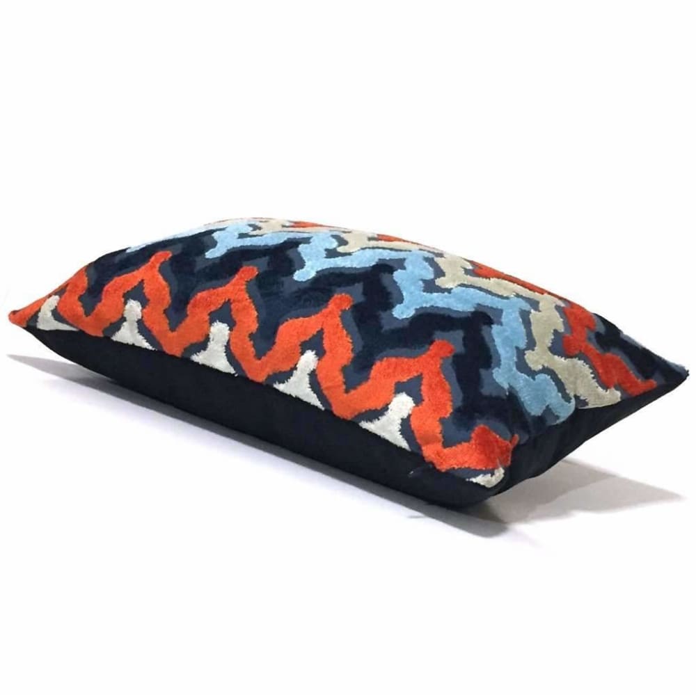 Designer Blue Orange Cream Cut Velvet Small Ogee Waves Pillow Cover Cushion Pillow Case Euro Sham 16x16 18x18 20x20 22x22 24x24 26x26 28x28 Lumbar Pillow 12x18 12x20 12x24 14x20 16x26 by Aloriam