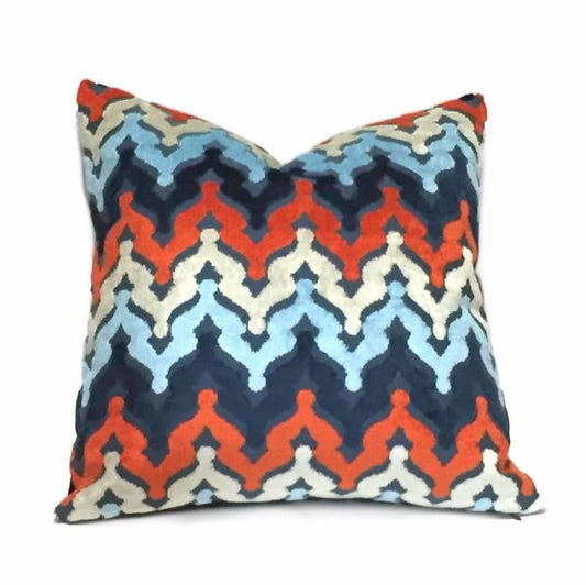 Designer Blue Orange Cream Cut Velvet Small Ogee Waves Pillow Cover Cushion Pillow Case Euro Sham 16x16 18x18 20x20 22x22 24x24 26x26 28x28 Lumbar Pillow 12x18 12x20 12x24 14x20 16x26 by Aloriam