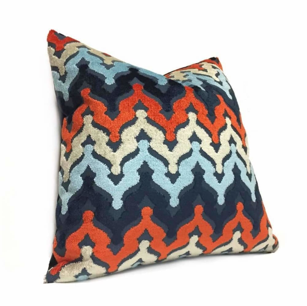 Designer Blue Orange Cream Cut Velvet Small Ogee Waves Pillow Cover Cushion Pillow Case Euro Sham 16x16 18x18 20x20 22x22 24x24 26x26 28x28 Lumbar Pillow 12x18 12x20 12x24 14x20 16x26 by Aloriam