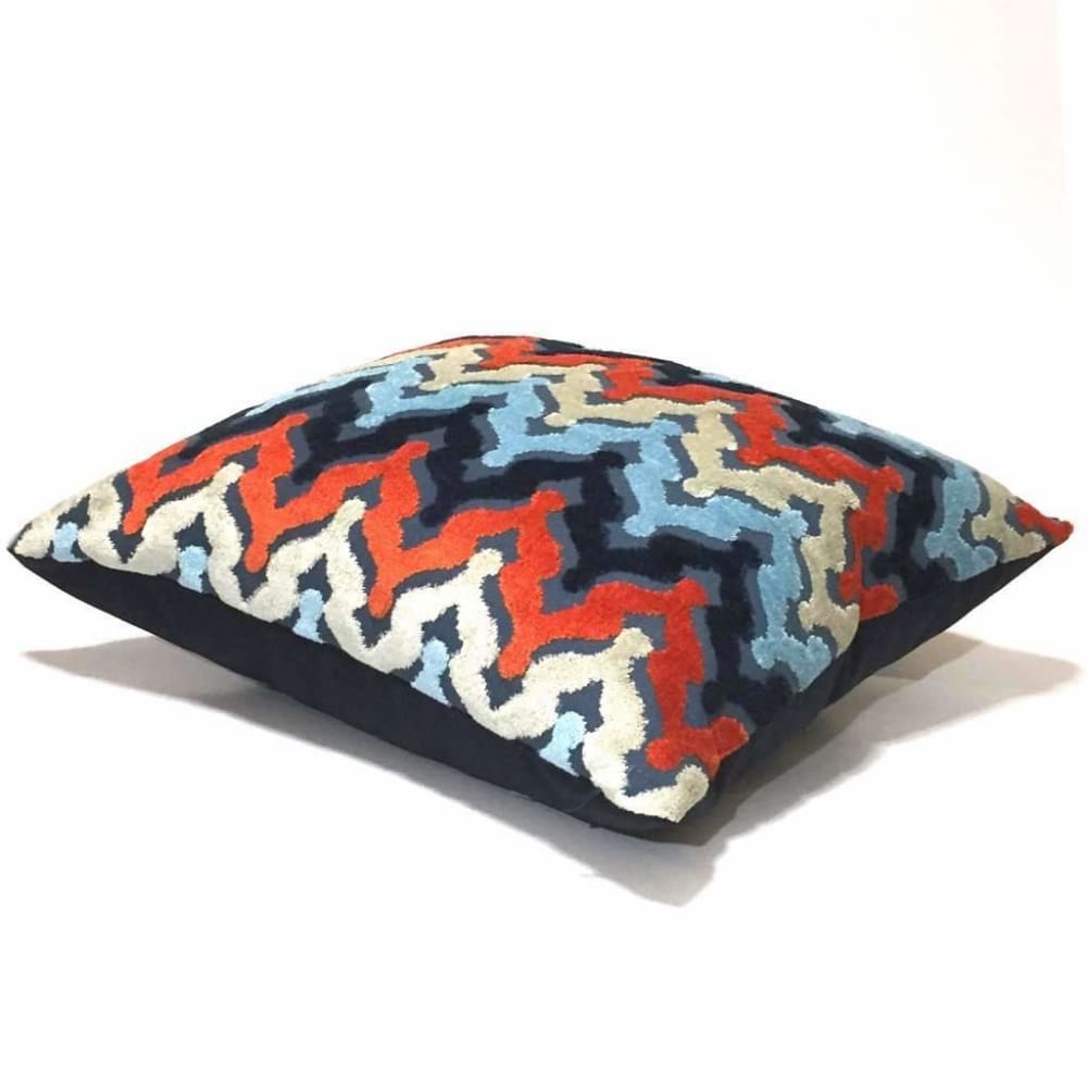 Designer Blue Orange Cream Cut Velvet Small Ogee Waves Pillow Cover Cushion Pillow Case Euro Sham 16x16 18x18 20x20 22x22 24x24 26x26 28x28 Lumbar Pillow 12x18 12x20 12x24 14x20 16x26 by Aloriam