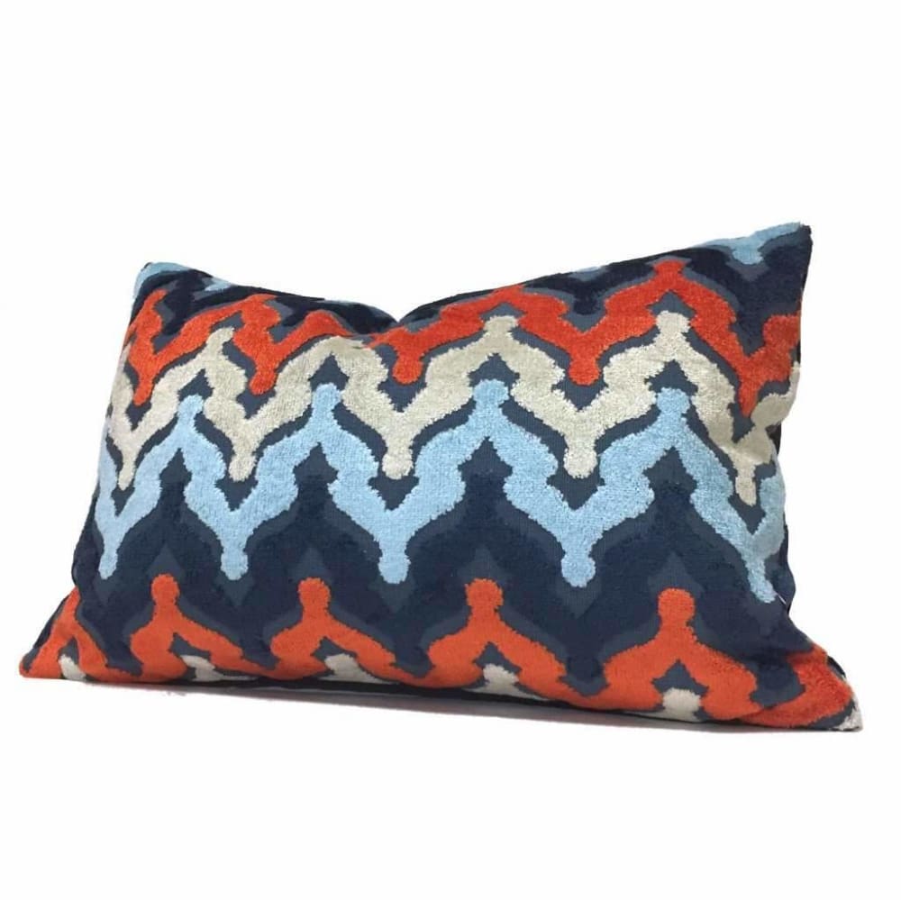 Designer Blue Orange Cream Cut Velvet Small Ogee Waves Pillow Cover Cushion Pillow Case Euro Sham 16x16 18x18 20x20 22x22 24x24 26x26 28x28 Lumbar Pillow 12x18 12x20 12x24 14x20 16x26 by Aloriam