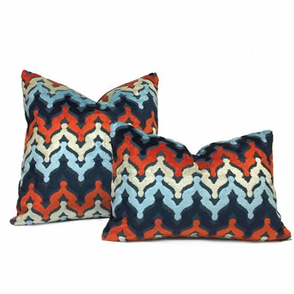 Designer Blue Orange Cream Cut Velvet Small Ogee Waves Pillow Cover Cushion Pillow Case Euro Sham 16x16 18x18 20x20 22x22 24x24 26x26 28x28 Lumbar Pillow 12x18 12x20 12x24 14x20 16x26 by Aloriam