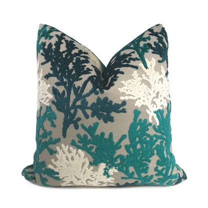 Lahaina Teal Green Cream Beige Coral Reef Cut Velvet Pillow Cover Cushion Pillow Case Euro Sham 16x16 18x18 20x20 22x22 24x24 26x26 28x28 Lumbar Pillow 12x18 12x20 12x24 14x20 16x26 by Aloriam