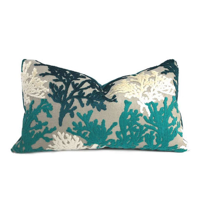 Lahaina Teal Green Cream Beige Coral Reef Cut Velvet Pillow Cover Cushion Pillow Case Euro Sham 16x16 18x18 20x20 22x22 24x24 26x26 28x28 Lumbar Pillow 12x18 12x20 12x24 14x20 16x26 by Aloriam