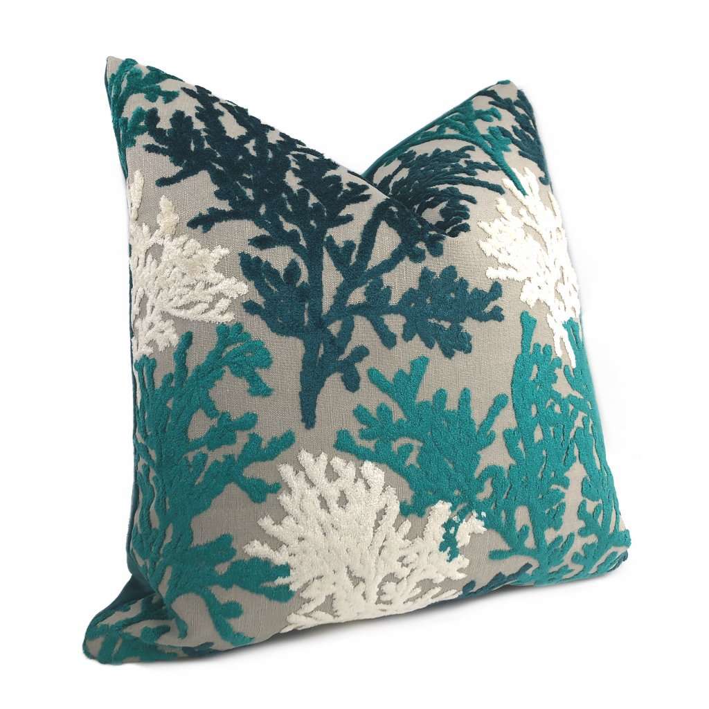 Lahaina Teal Green Cream Beige Coral Reef Cut Velvet Pillow Cover Cushion Pillow Case Euro Sham 16x16 18x18 20x20 22x22 24x24 26x26 28x28 Lumbar Pillow 12x18 12x20 12x24 14x20 16x26 by Aloriam