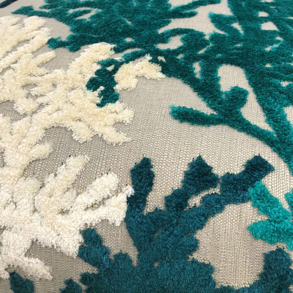 Lahaina Teal Green Cream Beige Coral Reef Cut Velvet Pillow Cover Cushion Pillow Case Euro Sham 16x16 18x18 20x20 22x22 24x24 26x26 28x28 Lumbar Pillow 12x18 12x20 12x24 14x20 16x26 by Aloriam