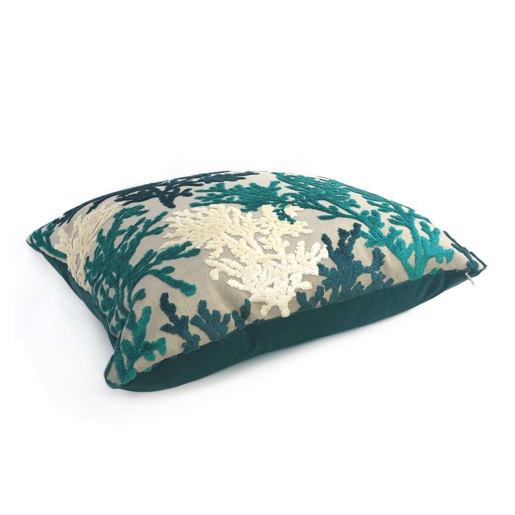 Lahaina Teal Green Cream Beige Coral Reef Cut Velvet Pillow Cover Cushion Pillow Case Euro Sham 16x16 18x18 20x20 22x22 24x24 26x26 28x28 Lumbar Pillow 12x18 12x20 12x24 14x20 16x26 by Aloriam