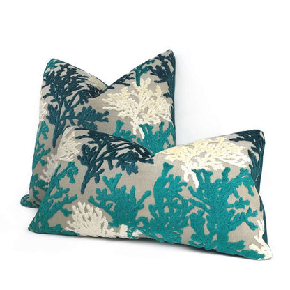 Lahaina Teal Green Cream Beige Coral Reef Cut Velvet Pillow Cover Cushion Pillow Case Euro Sham 16x16 18x18 20x20 22x22 24x24 26x26 28x28 Lumbar Pillow 12x18 12x20 12x24 14x20 16x26 by Aloriam