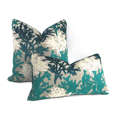 Lahaina Teal Green Cream Beige Coral Reef Cut Velvet Pillow Cover Cushion Pillow Case Euro Sham 16x16 18x18 20x20 22x22 24x24 26x26 28x28 Lumbar Pillow 12x18 12x20 12x24 14x20 16x26 by Aloriam