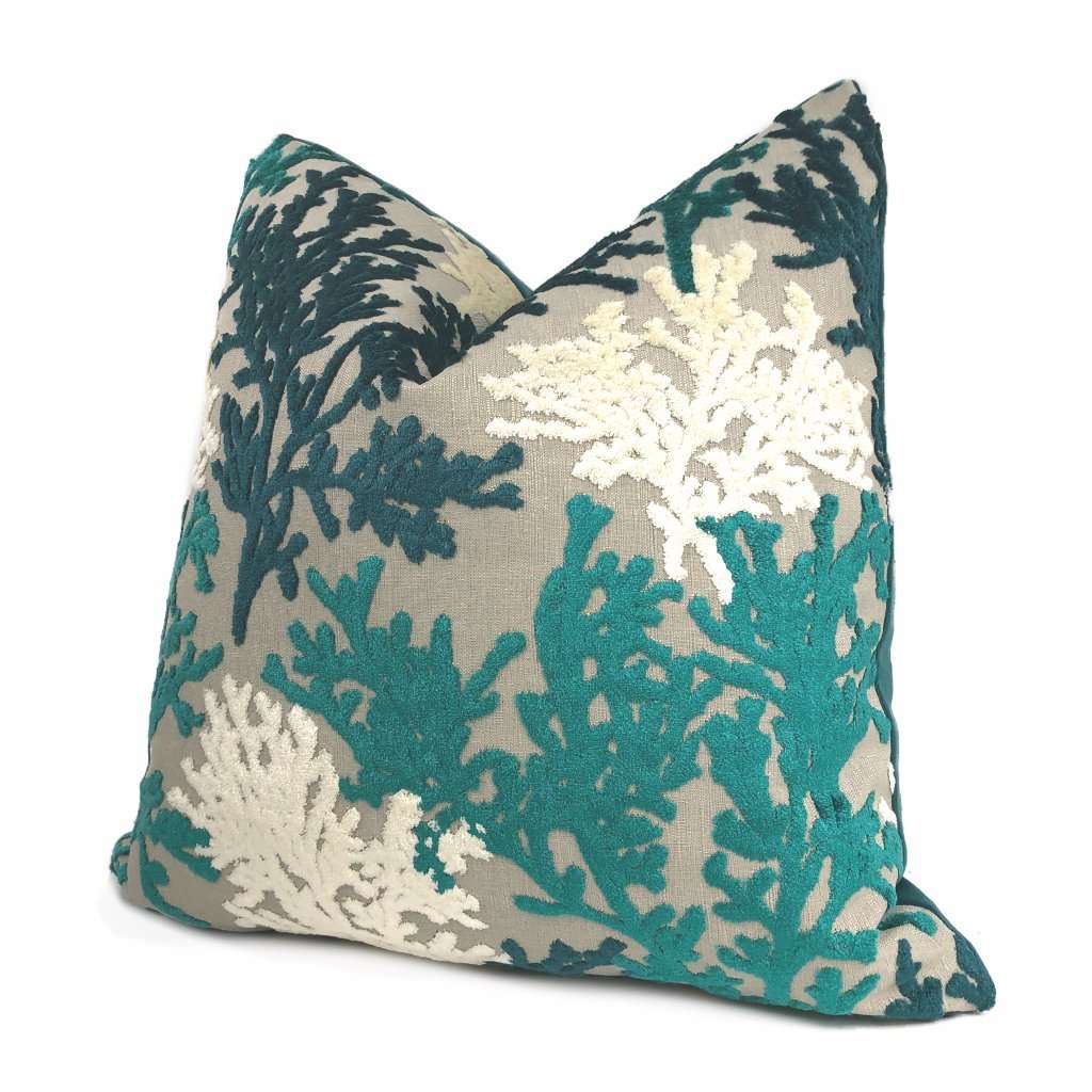 Lahaina Teal Green Cream Beige Coral Reef Cut Velvet Pillow Cover Cushion Pillow Case Euro Sham 16x16 18x18 20x20 22x22 24x24 26x26 28x28 Lumbar Pillow 12x18 12x20 12x24 14x20 16x26 by Aloriam