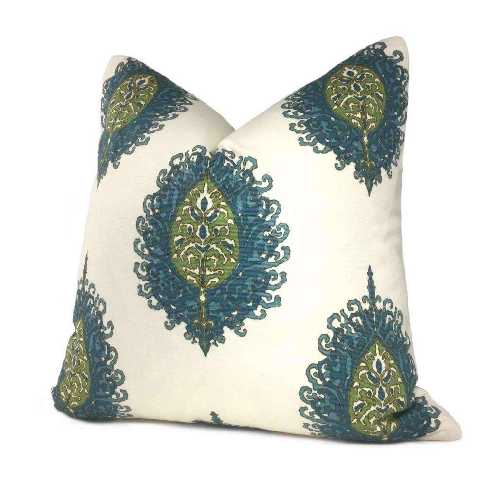 Alfred Shaheen Westminster Blue Green Cream Paisley Medallion Lumbar Pillow 12x18 12x24 14x20 16x26