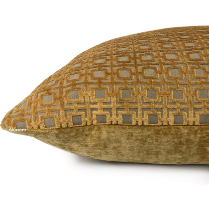 Quattro Amber Gold Geometric Square Lattice Cut Velvet Pillow Cover - Aloriam