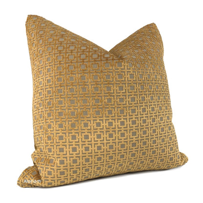 Quattro Amber Gold Geometric Square Lattice Cut Velvet Pillow Cover - Aloriam