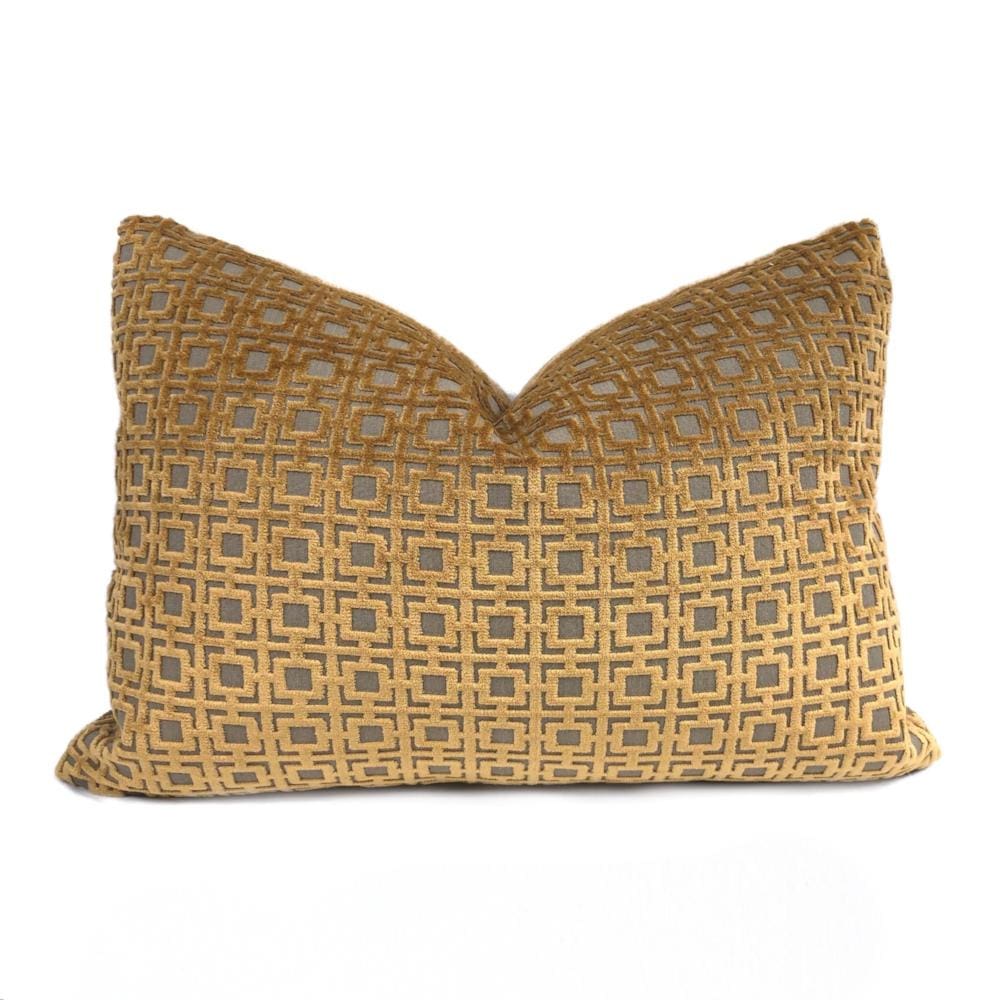 Quattro Amber Gold Geometric Square Lattice Cut Velvet Pillow Cover - Aloriam