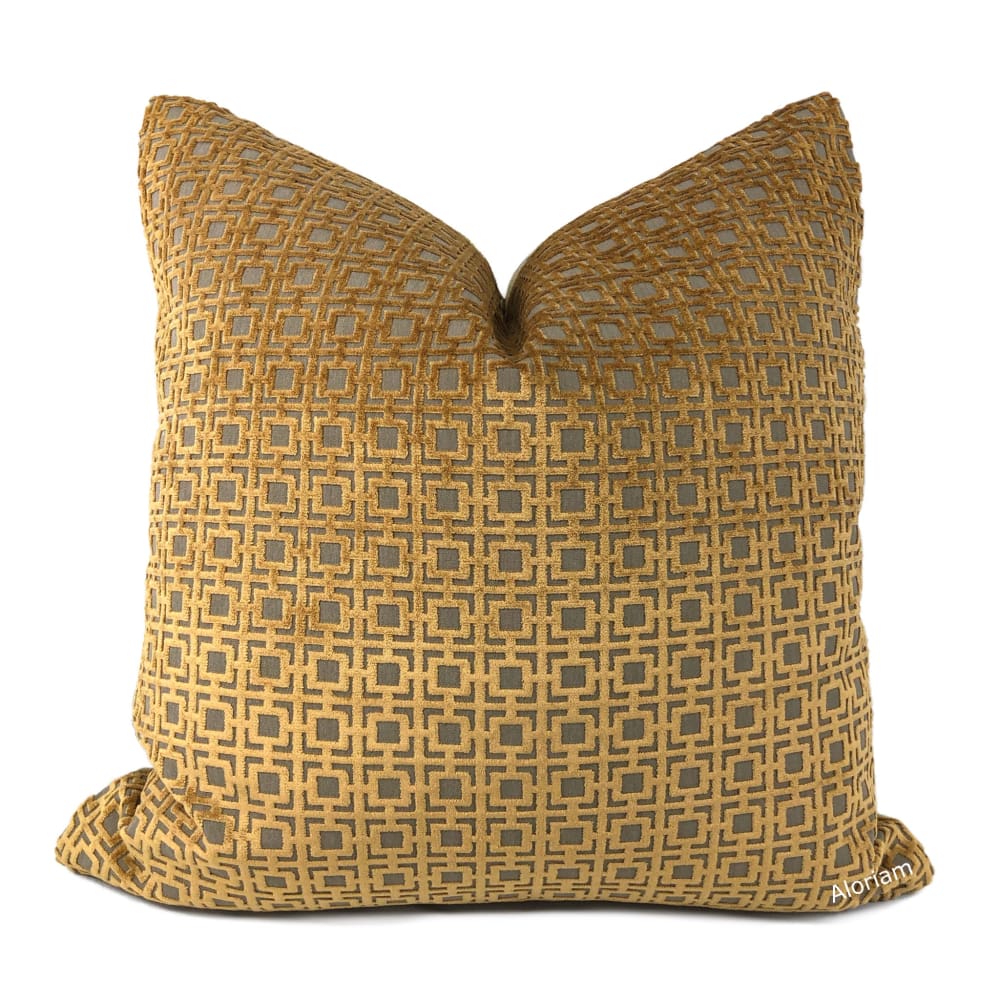 Quattro Amber Gold Geometric Square Lattice Cut Velvet Pillow Cover - Aloriam