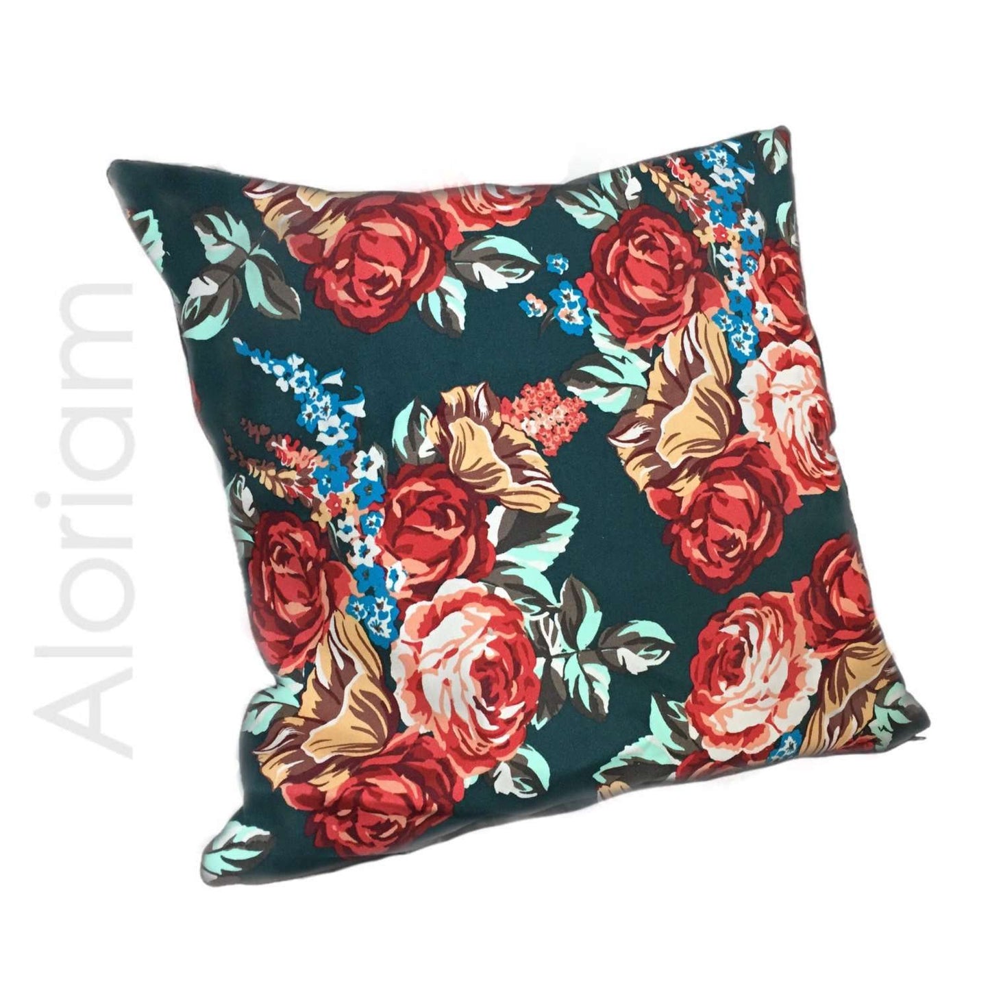 red roses green floral print pillow cushion cover by Aloriam