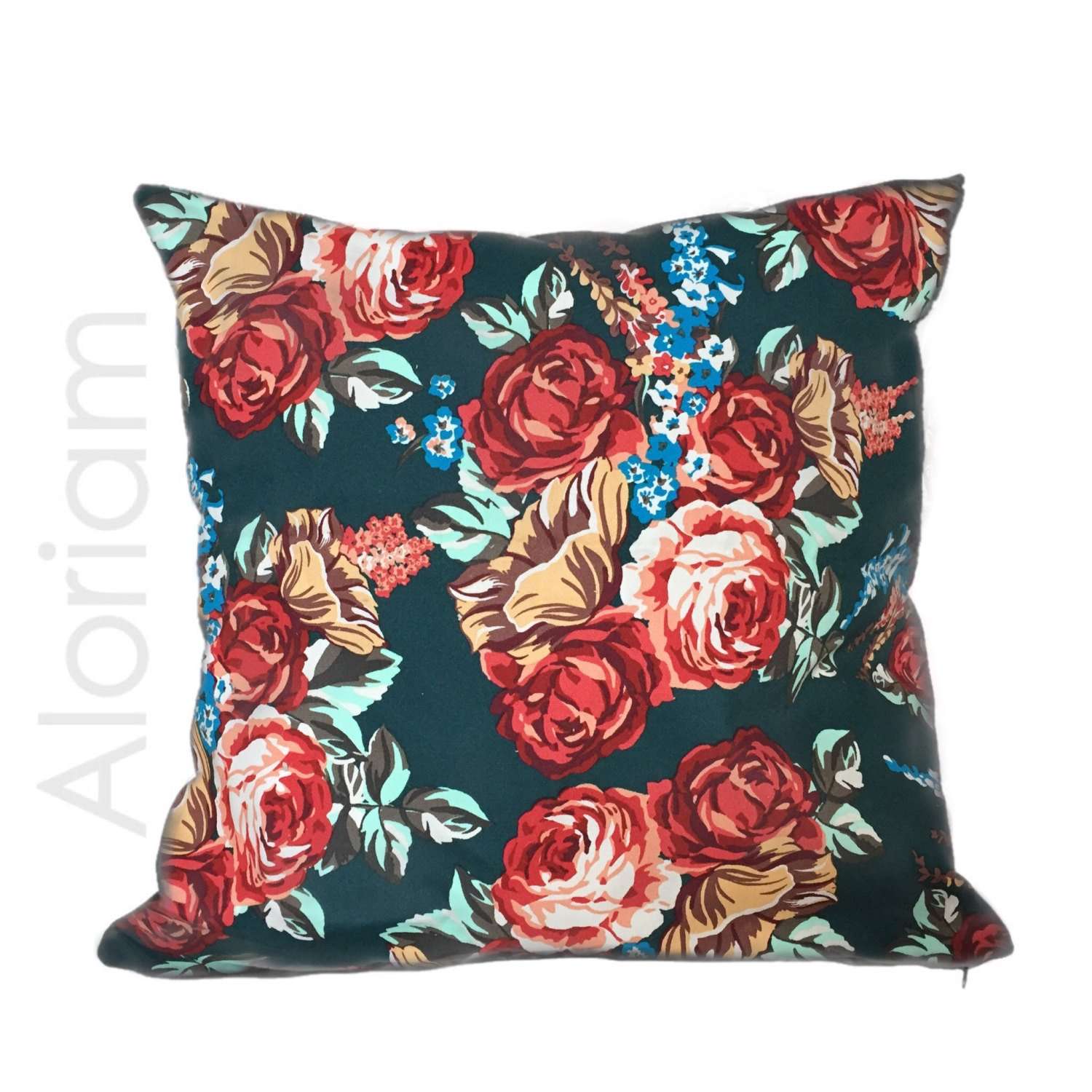 red roses green floral print pillow cushion cover by Aloriam