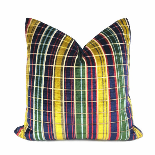 Regents Park Navy Blue Red Gold Plaid Silk Velvet Pillow Cover (Lee Jofa fabric) - Aloriam