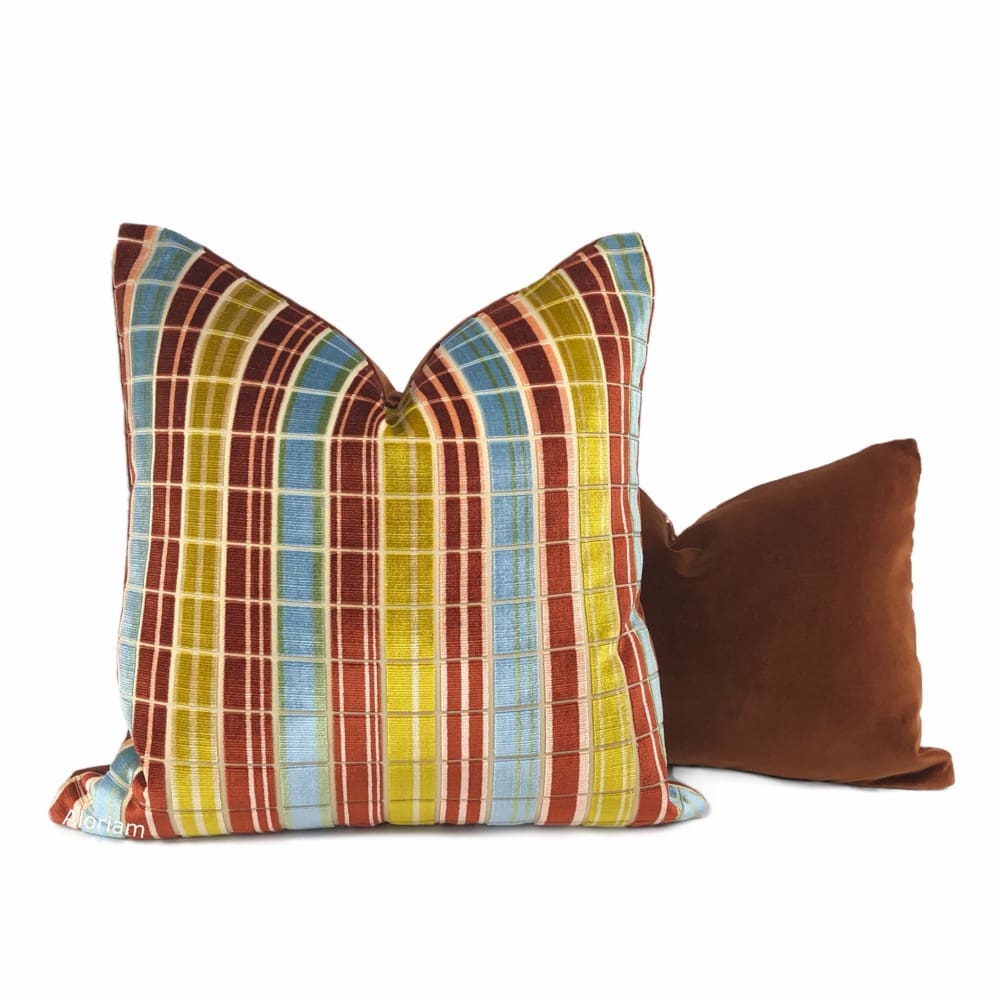 Regents Park Rust Blue Gold Plaid Silk Velvet Pillow Cover (Lee Jofa fabric) - Aloriam